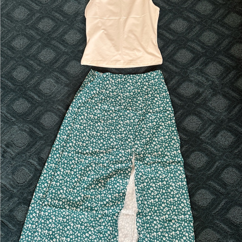 Floral Green Maxi Skirt with White Tank